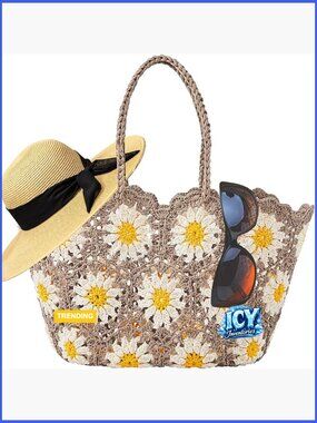 Large Straw Tote Bag Floral Handwoven Beach Bag Shoulder Hobo